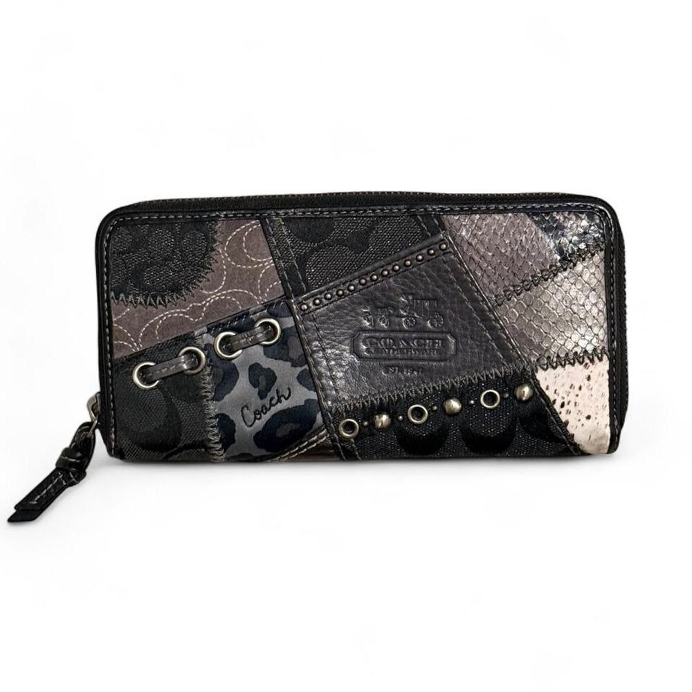 Vintage Coach Zoe Patchwork Zip Around Wallet Black Gray Y2K